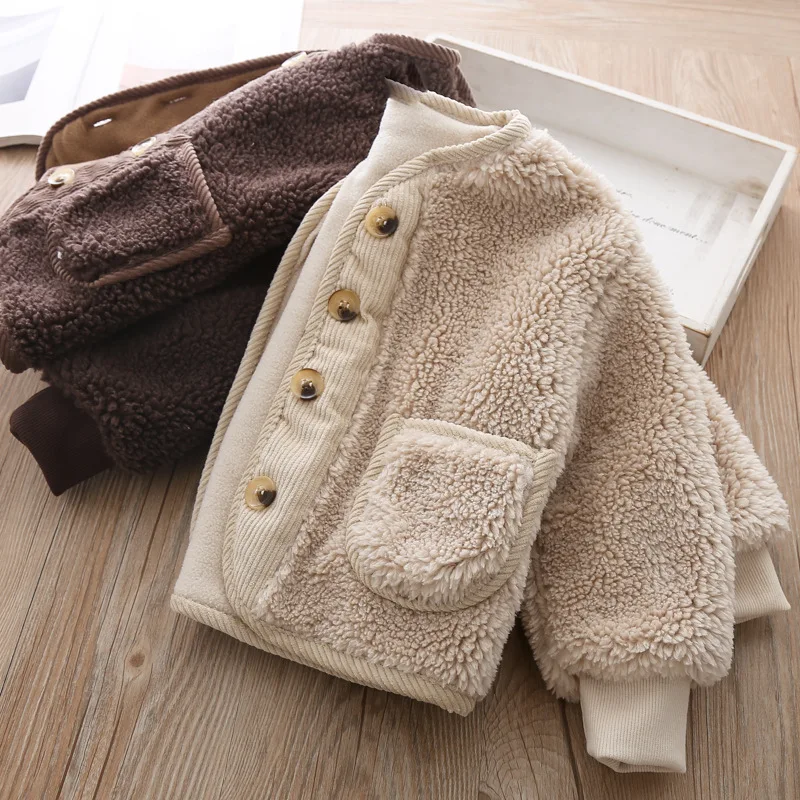 2022 Fall Winter Korean Boys Clothes For Girls Cardigan Granular Velvet  Loose Lamb Velvet Warm Children\'s Jacket Coat For Girls