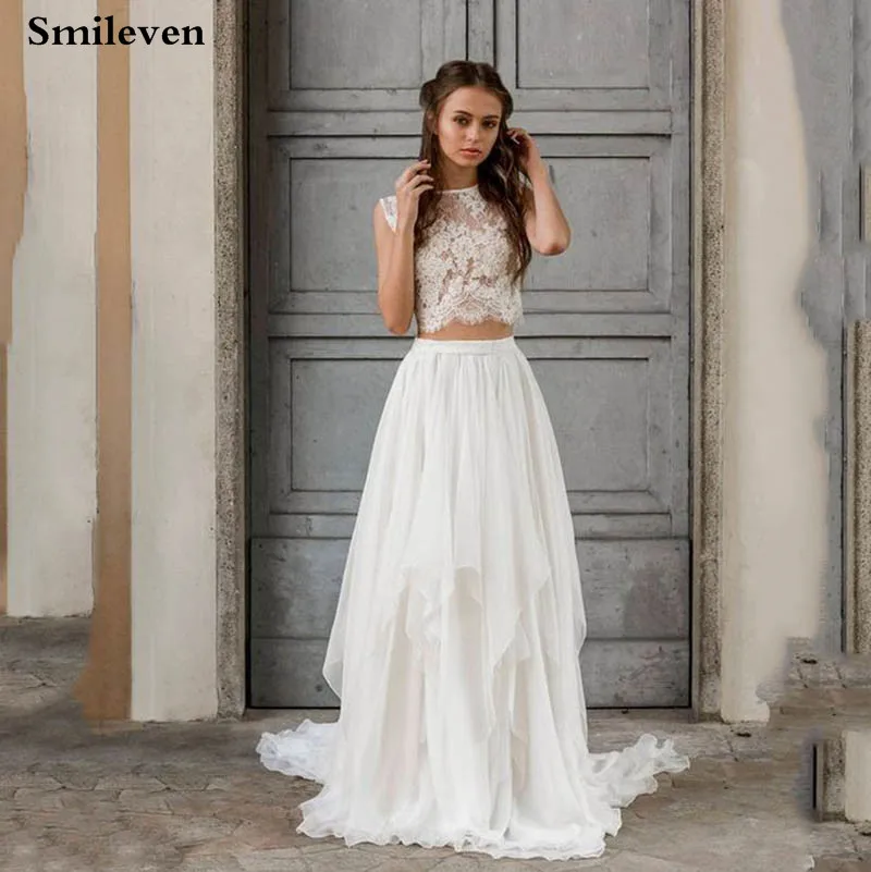 Smileven  Boho Wedding Dress 2 Pieces Sleeveless Sexy Lace Beach Bride Dresses Train Elegant Chiffon Wedding Bridal Gowns