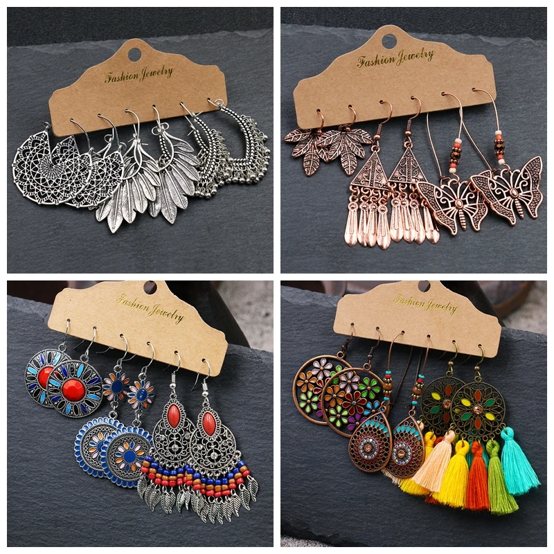 Vintage Big Hanging Set Of Earrings For Women Ethnic Boho Tassel Feather Long Dreamcatcher Drop Earrings Jewelry New Year Gifts