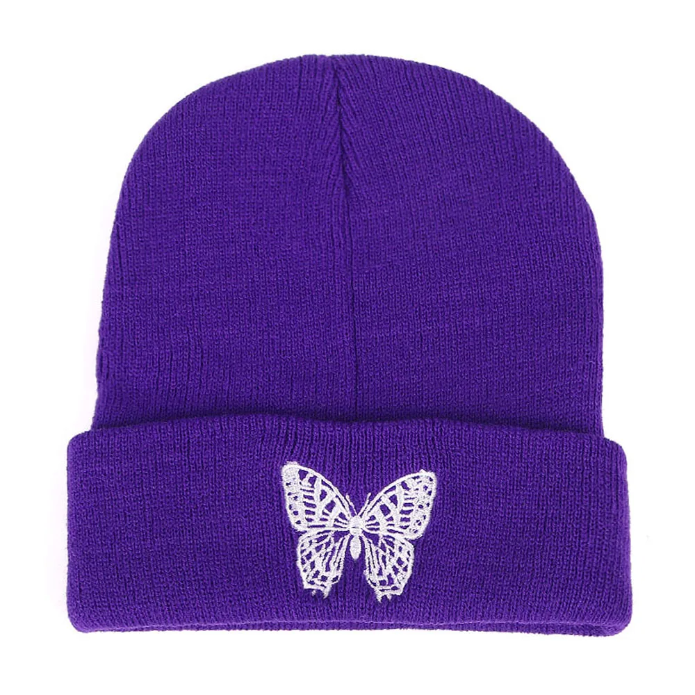 Gorro con bordado de mariposa para hombre y mujer, gorro de lana de estilo hip hop, sólido, para otoño e invierno, venta al por mayor