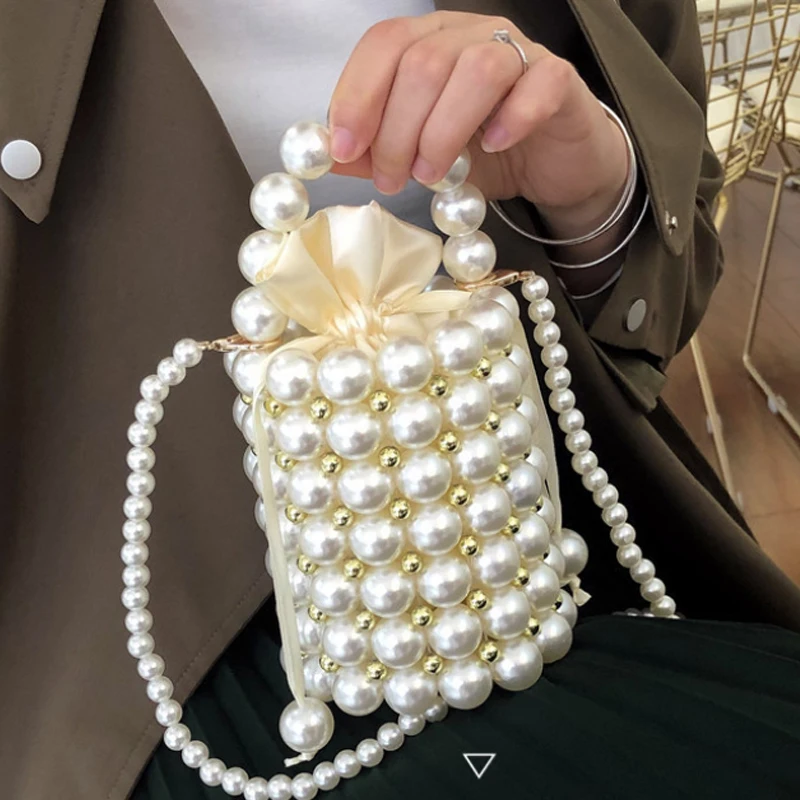 Hand Woven Pearl Evening Bags for Women Luxury Small Beaded Flap Box Pearl Clutch Purses And Handbag Ladies Mini Cross Body Bag