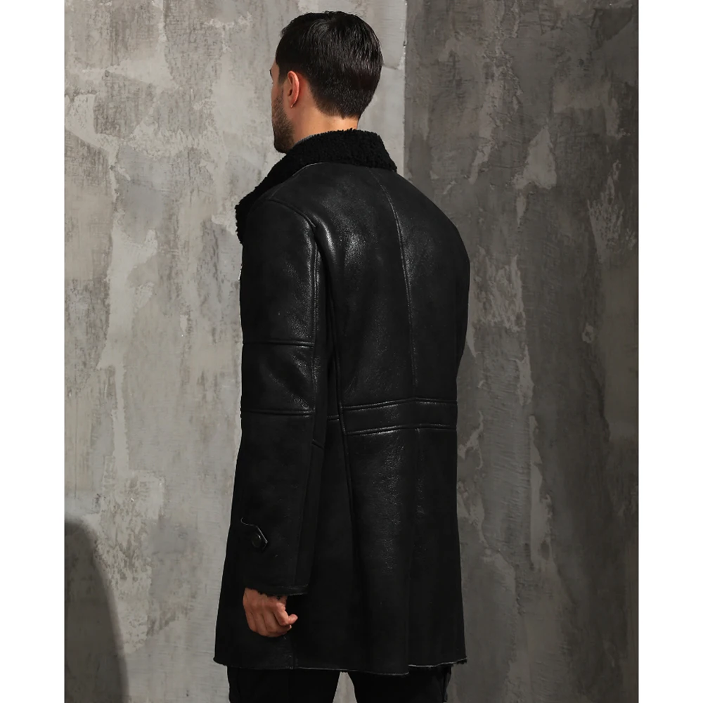 LUHAYESA Medium Long Slim Black Fur Coat Genuine Leather Men Winter Warm Natural Sheepskin Fur Shearling Clothing