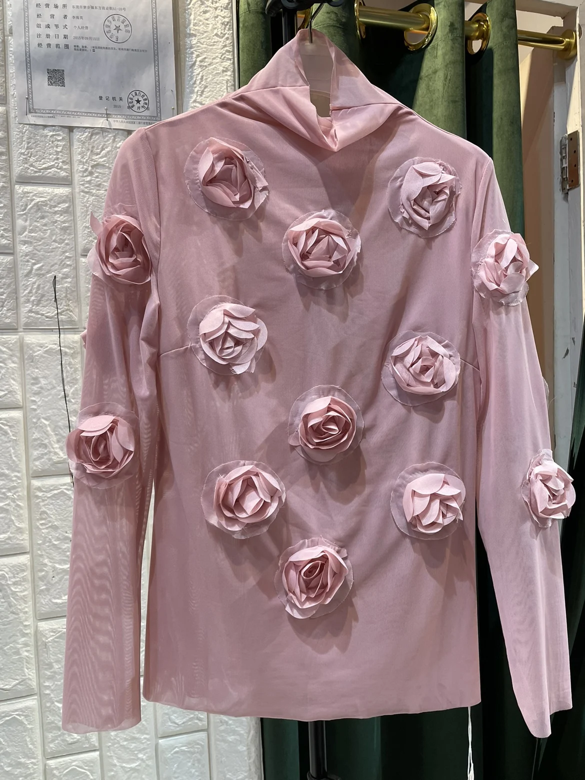 Spring Women Pink Sweet 3D Rose Appliques Blouses Elegant Female Long Sleeve Turtleneck Tops Korean Fashion Blusa Jujer Shirts