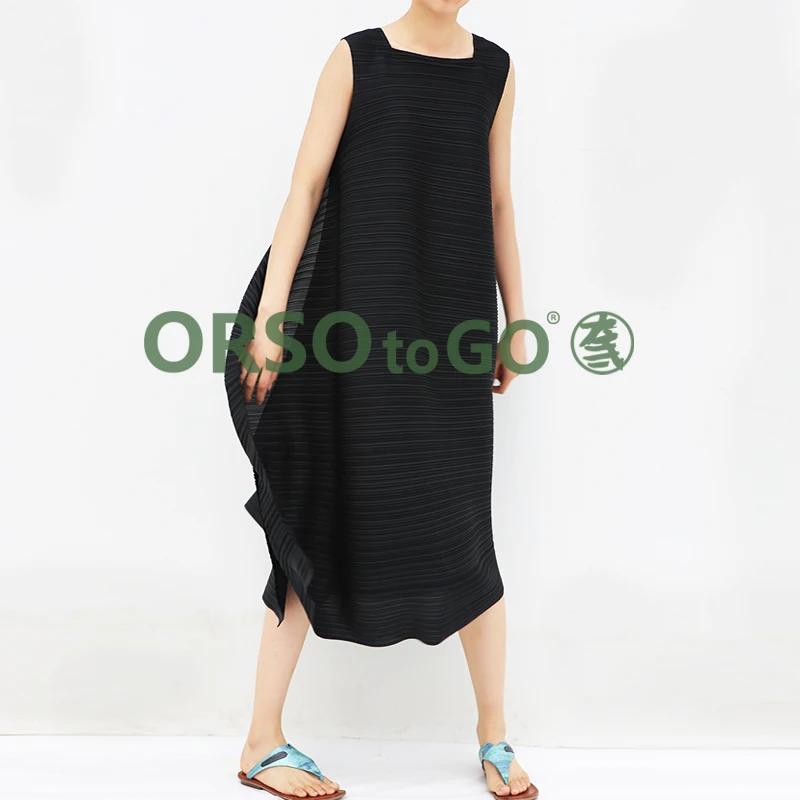 

HOT SELLING Miyake fashion sleeveless fold solid Sling button A-Line dress IN STOCK