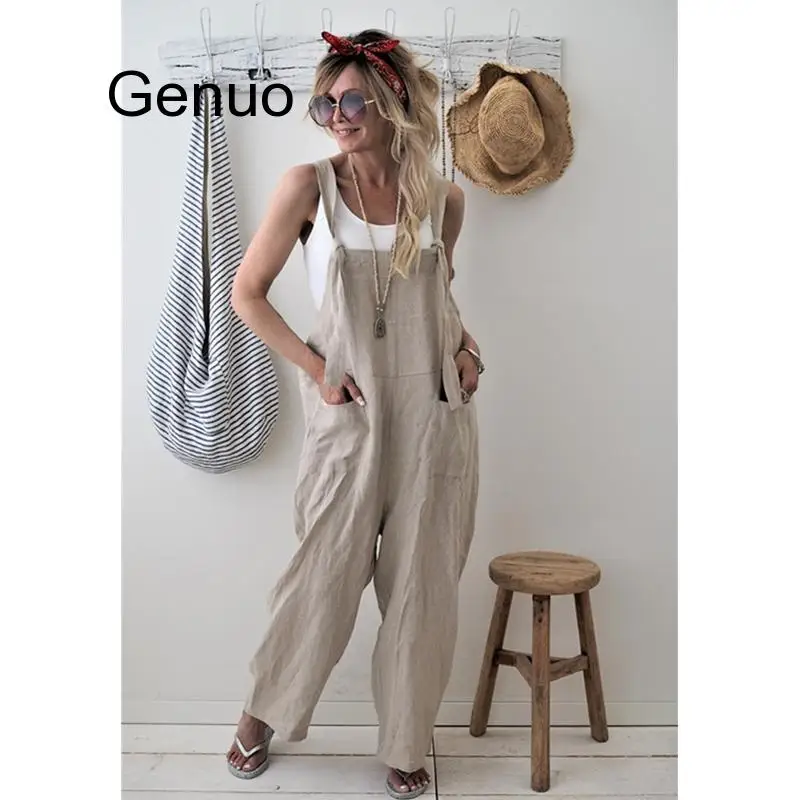 Summer Jumpsuit Cotton Linen High Quality Jumpsuit Loose Womens Jumpsuits Rompers Casual Overalls Strap Solid One Piece Romper