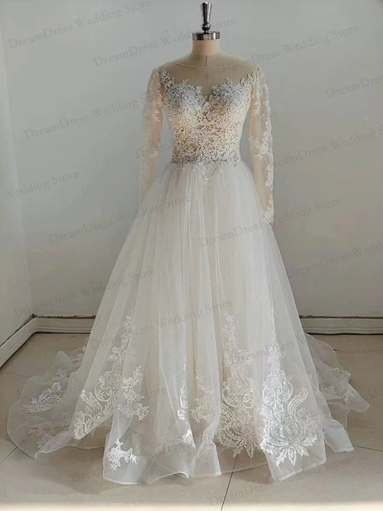 DREAM Elegant Lace Wedding Dress Appliqued Vestido De Noiva 2023 Open Back Long Sleeve A Line Court Train Bridal Dresses V-Neck