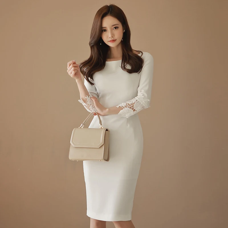 

Thick Warm Autumn Winter New Elegant Formal Party Dress Lace Sleeve White Slim Sheath Dress Office Lady Work Spring