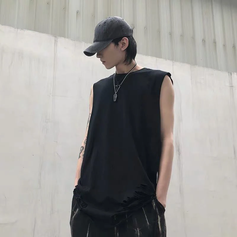 Hip Hop Ripped Hole Men Tank Top Tee Black White Bodybuilding Sports Basketball Run Gym Clothing Vest Japanese Streetwear Tshirt