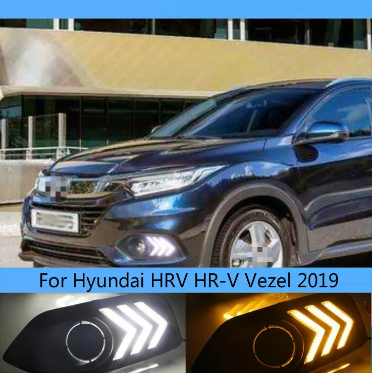 2PCS LED Daytime Running Light 12V Car DRL Fog Lamp Decoration For Honda HRV HR-V Vezel 2019 Yellow Turn Signal Function