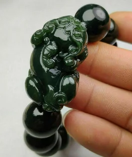 Natural Certified Dark Green Hetian Jade Bead Pixiu Bracelet