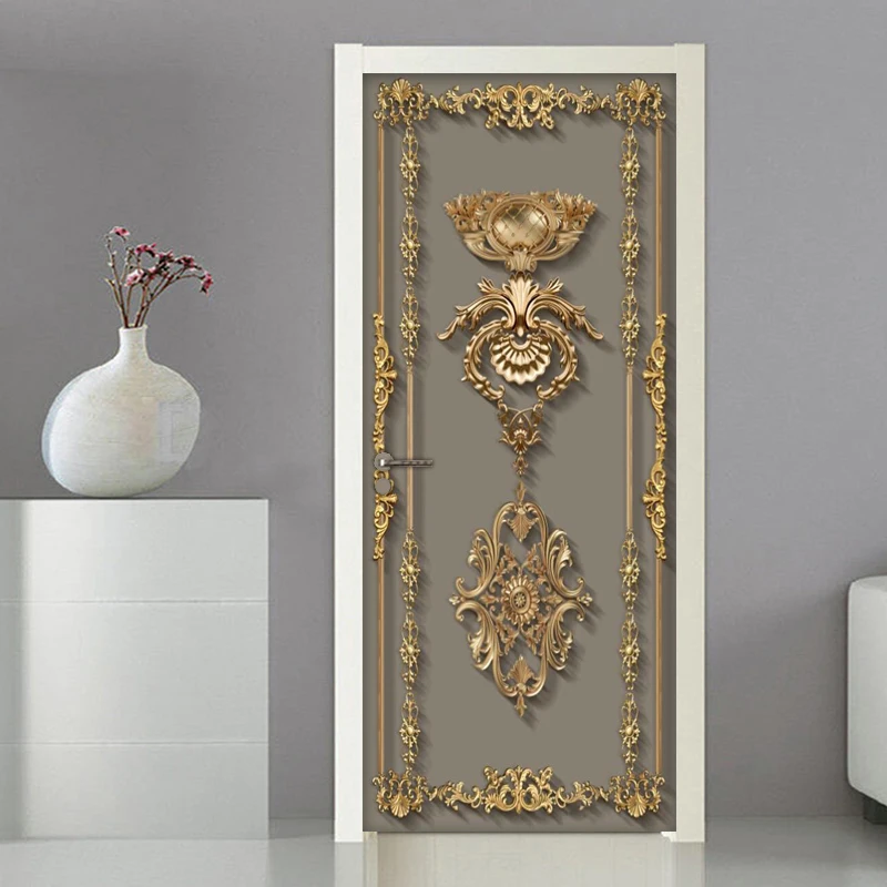 Self Adhesive Door Sticker Wallpaper 3D European Style Golden Flower Pattern Living Room Bedroom Door Mural Poster Wall Decals