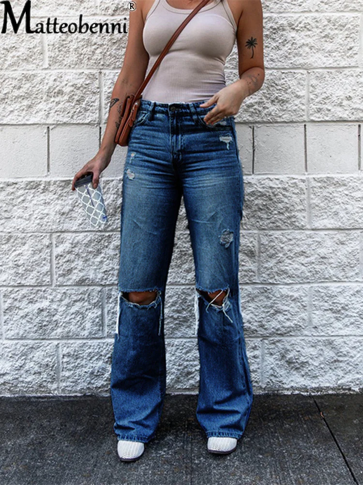 

2021 Autumn Harajuku Ripped Women's Flared Jeans Mid Waist Wide Leg Pants Denim Ladies Street Casual Skinny Trousers