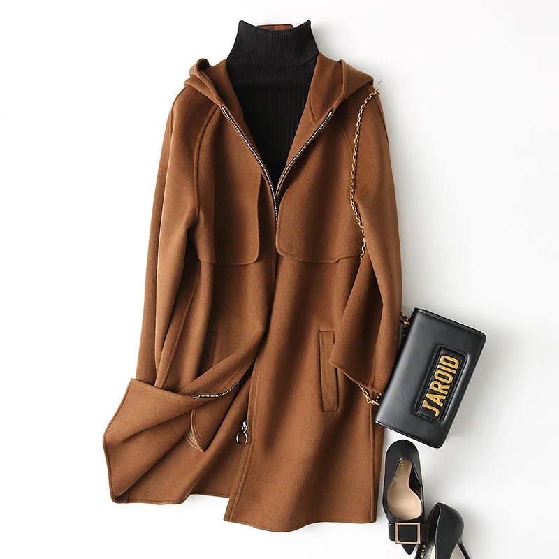 

4040 New Wool Coat Women Double sided 300% Wool Coat Female Winter Jacket Hooded Outerwear manteau femme 37363 WYQ3387