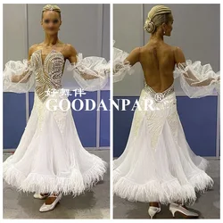 New white  costumes ballroom dance dress for women competition standard dress dancing clothes long sleeveostrich feather