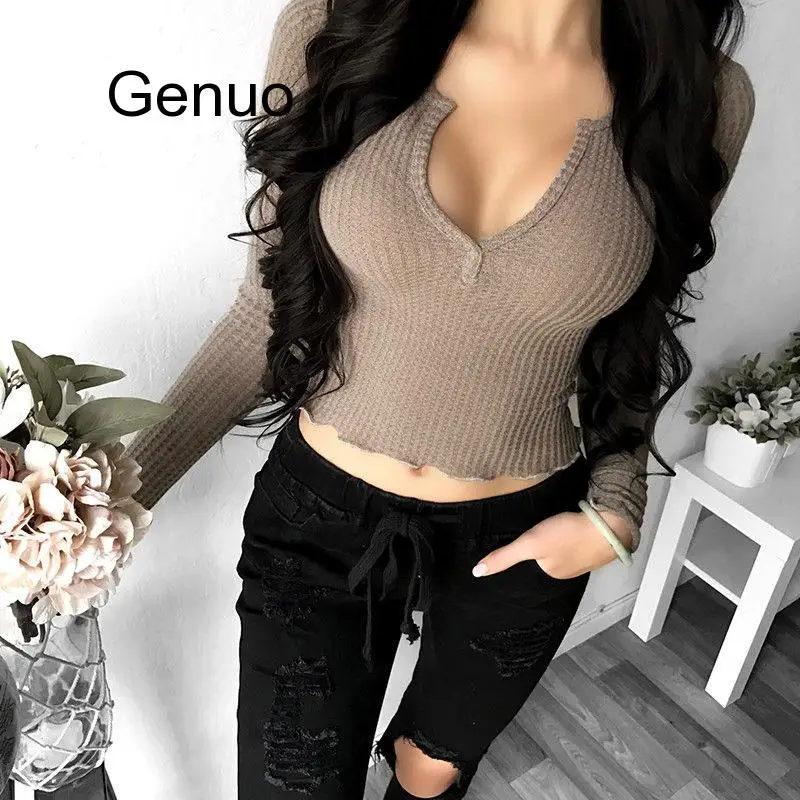 

Women Casual Slim Solid Basic Long Sleeve T Shirt Ladies Plain Deep V Neck Regular Size Pullover Cotton Blend Autumn Clothes