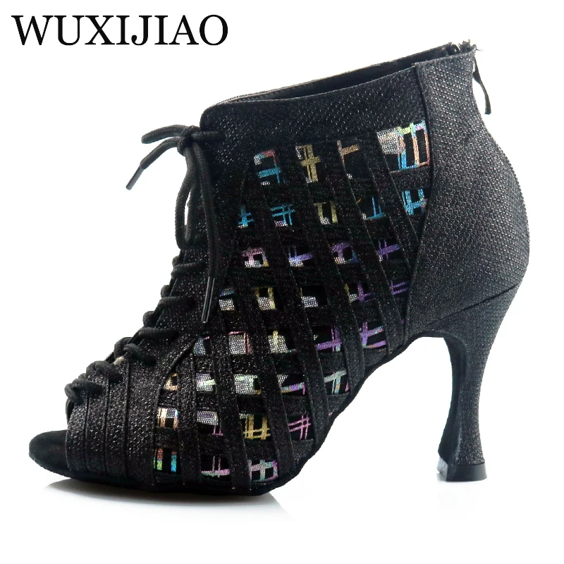 WUXIJIAO Latin dance high boots shoes soft sole shoes salsa ballroom ladies mesh dance shoes Cuba high heels  9CM