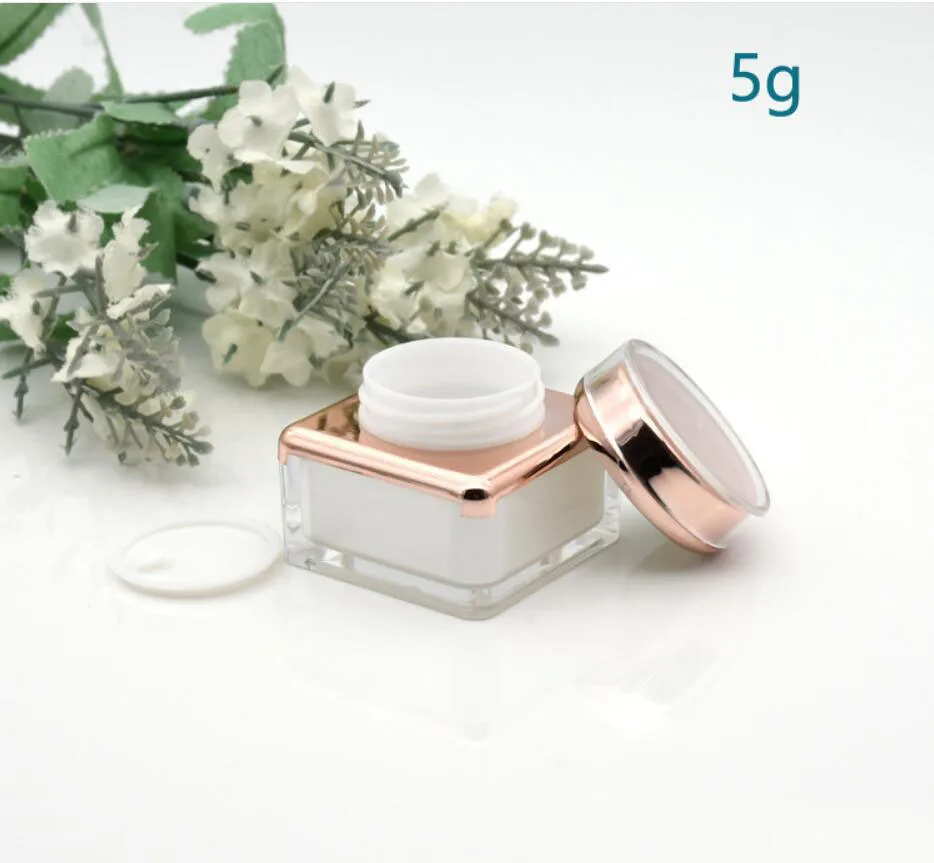 5g kwadratowy kształt perłowo-biały plastikowy akrylowy słoik butelka doniczka esencja / serum do oczu / krem / próbka testowa puszka / opakowanie kosmetyczne do paznokci