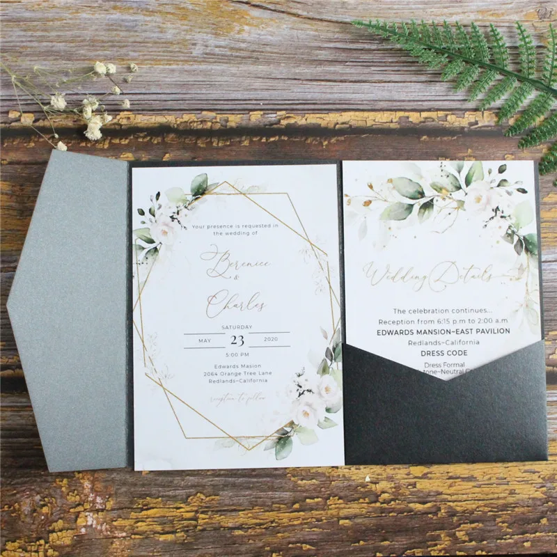 Black Wedding Invitation Card Tri-Fold Pocket Shimmer Country Party Invites Personalized Design Multi Colors