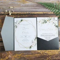 Black Wedding Invitation Card Tri-Fold Pocket Shimmer Country Party Invites Personalized Design Multi Colors