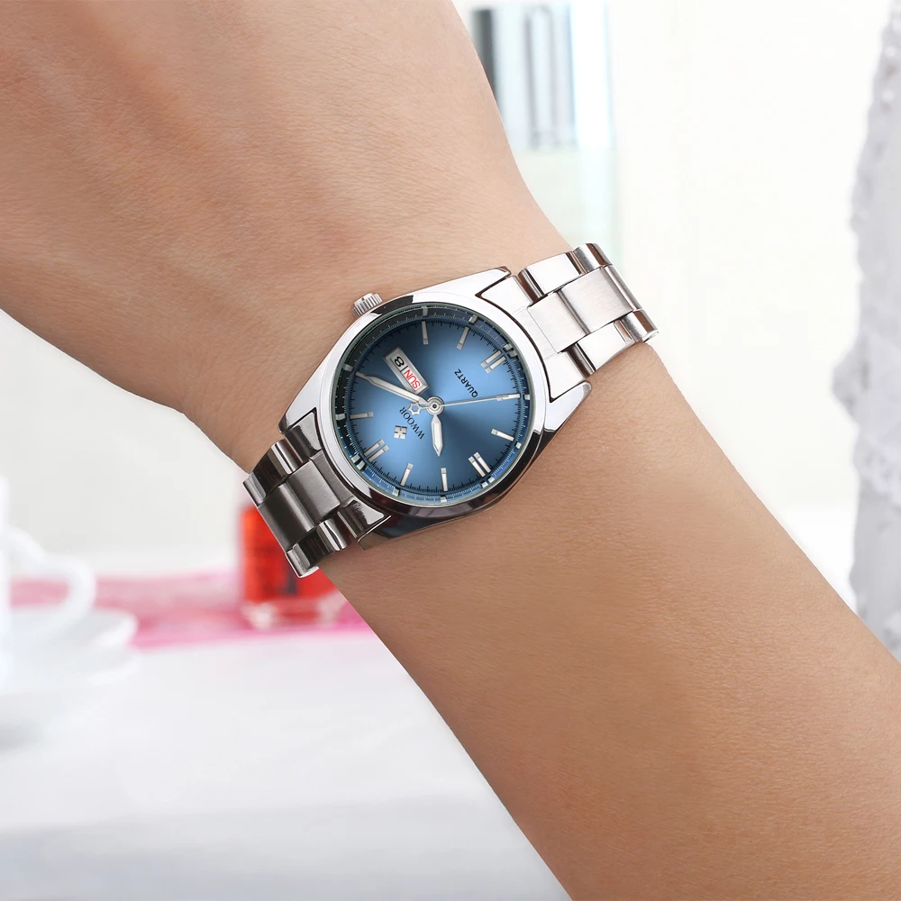 WWOOR-reloj azul de lujo para mujer, pulsera de acero inoxidable con fecha y semana, femenino