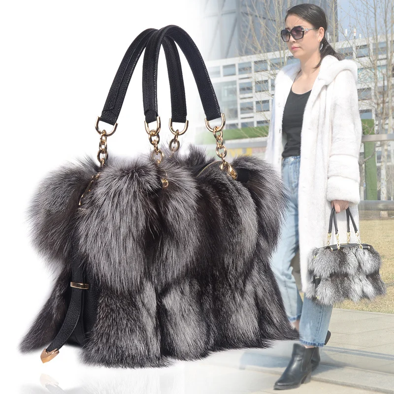 Women\'s Fox Fur Handbag New Fashion High-End Atmosphere Autumn And Winter Plush Fur Handbag Women\'s Shoulder Bag Messenger Bag