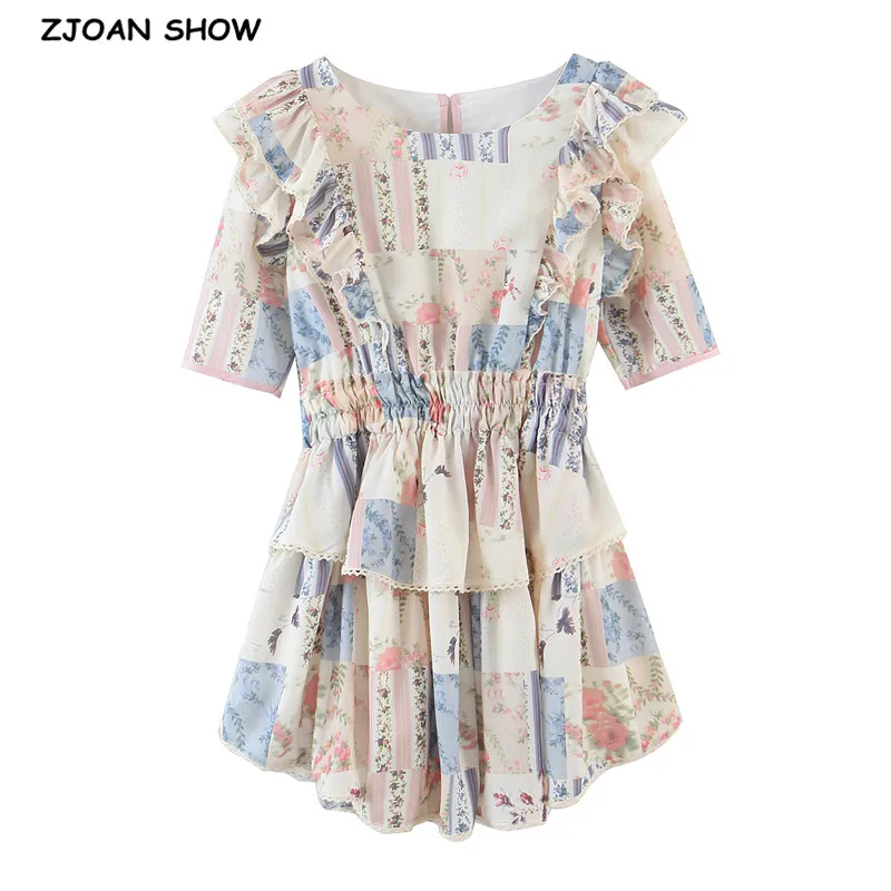 

Holiday Spliced Cascading Ruffles Floral Print Swing Mini Dress Vintage Woman Elastic Waist Short Puff Sleeve Robe