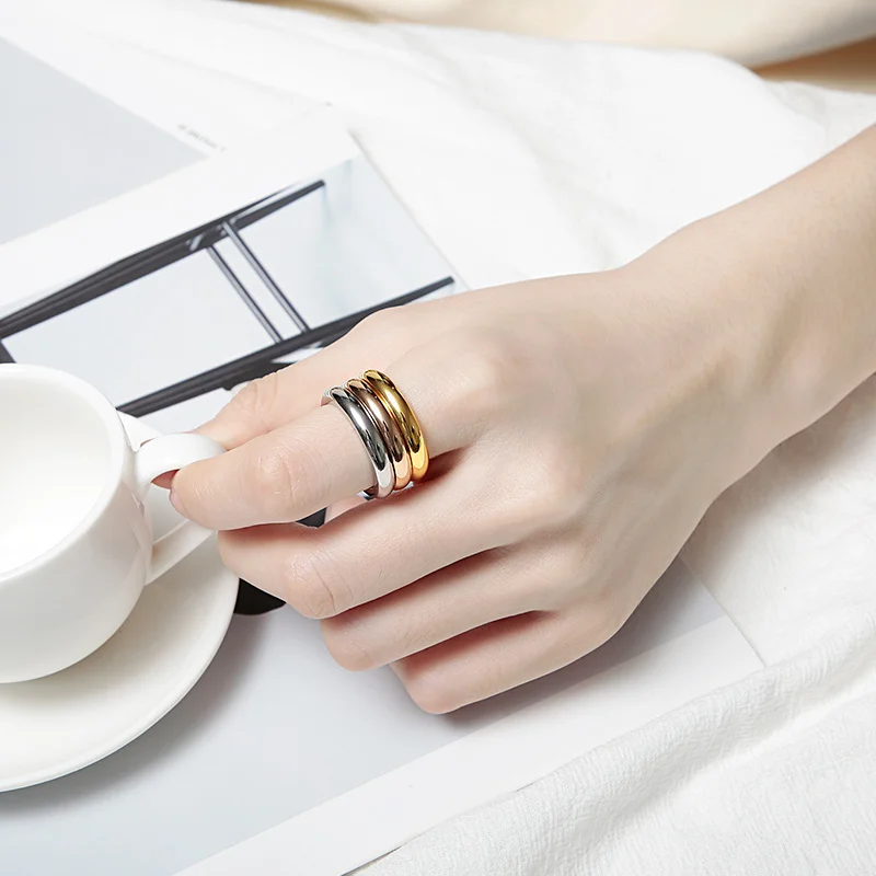 Stainless Steel Tricolor Smooth Round Ring For Women Fashion Simple Jewelry Accessories