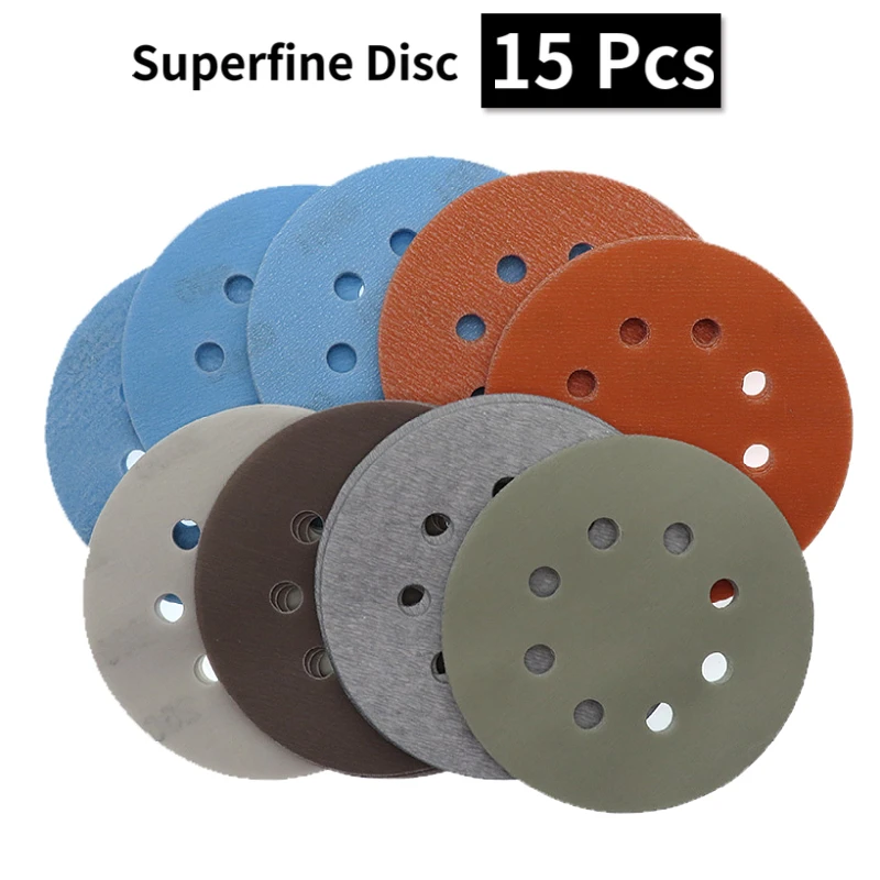 15PCS 5 Inch 125mm 8-Hole Soft  Superfine Wet/Dry Hook & Loop Auto Body Film Sanding Discs Paint Abrasive Sandpaper 60-5000 Grit