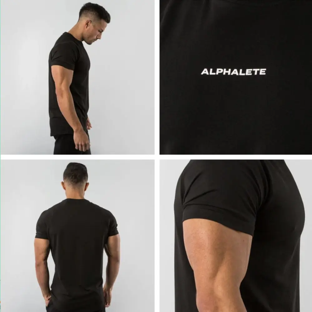 Black Gym Skinny T-shirt Men Casual Short Sleeve Shirt Male Summer Fitness Bodybuilding Cotton Tees Tops Running Sport Clothing