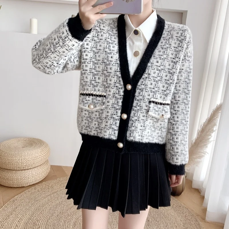 Korean Lattice Short Sweater Cardigan Jacket Women Elegant Imitation Mink Fleece Knitwear Tops Female Autumn Vintage Warm Coats