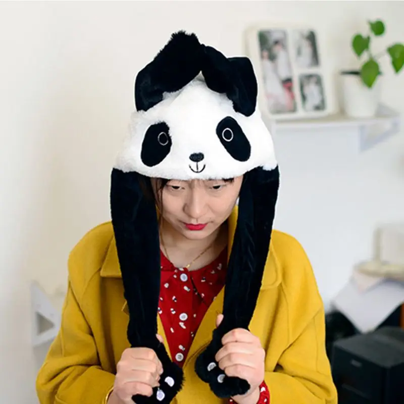 Children Adult Short Plush Cute 3D Cartoon Panda Animal Hat with Moving Ears Double Airbag Paws Warm Earflap Cap Toy Party Props