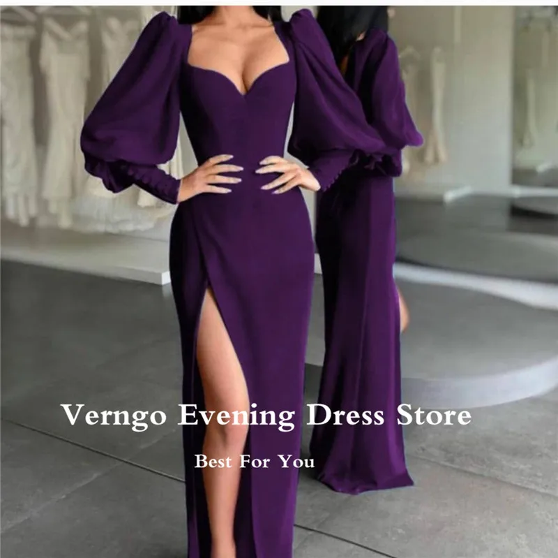 Verngo Nieuwe Vintage Champagne Puff Lange Mouwen Avondjurken Slit Sweetheart Stretch Satijn 2023 Moderne Formele Party Gown