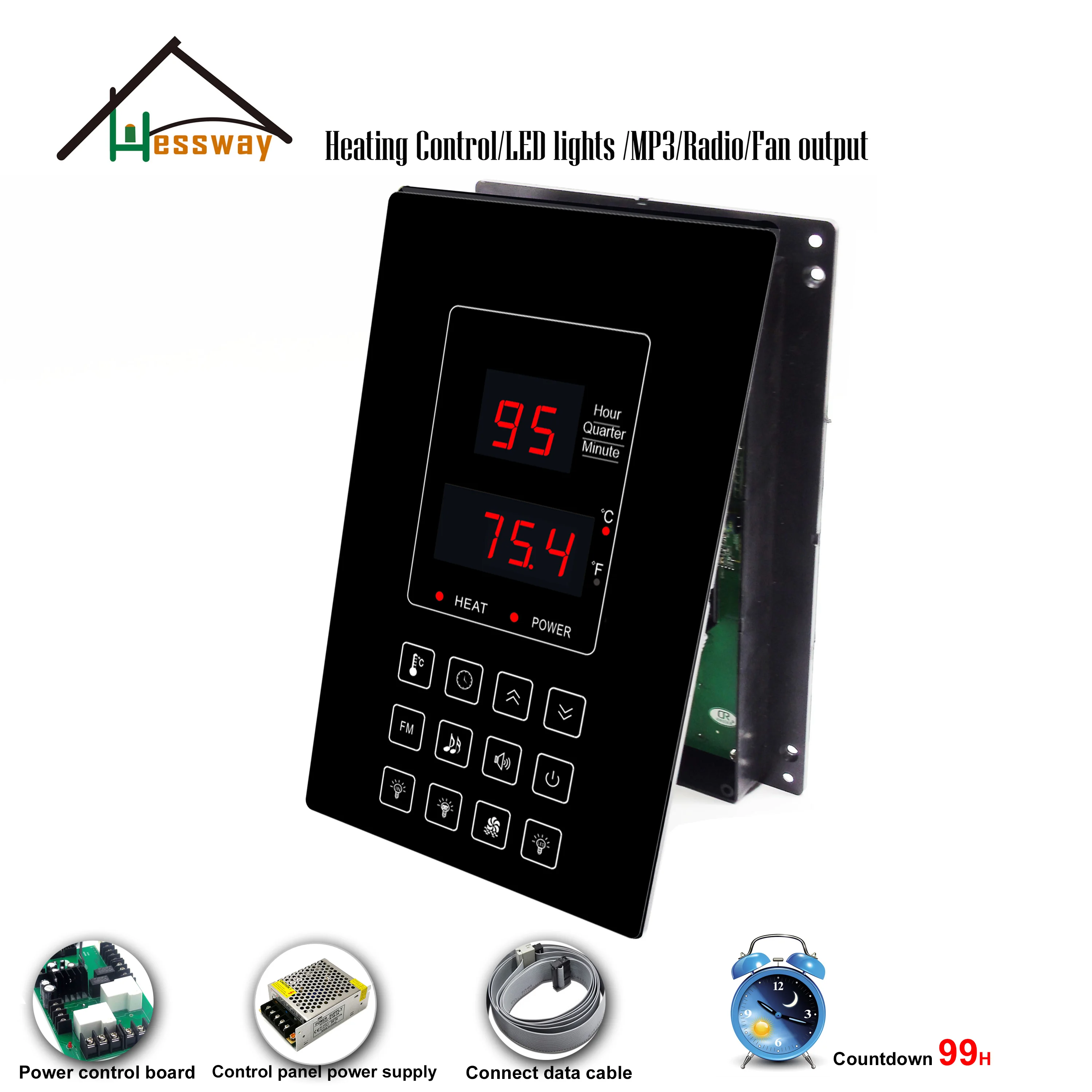 

99H Countdown Family Sauna Room Multifunction Control Panel for Thermostatic Heating Music MP3 Light and Fan, AUX Control Output