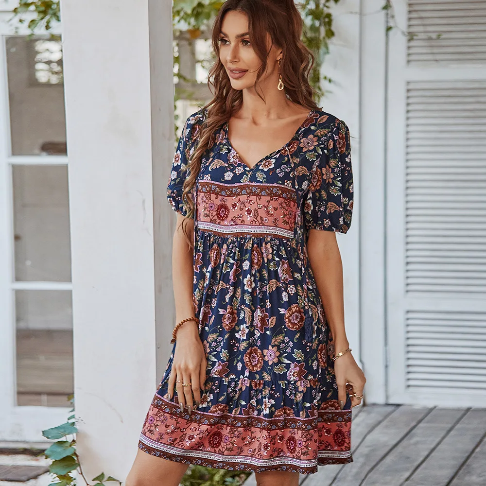 Khalee Yose Boho Bloemen Gedrukt Mini Jurk Bohemain Vintage Zomer Chic Vrouwen Jurken Ruches V-hals Sexy Vakantie Dames Jurk