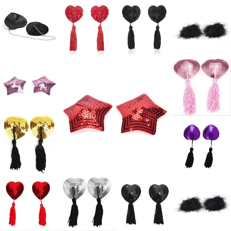 1 Pair Sexy Pasties Stickers Women Lingerie Sequin Tassel Breast Bra Nipple Cover Self Adhesive Heart Shape Bra Nipple Cover