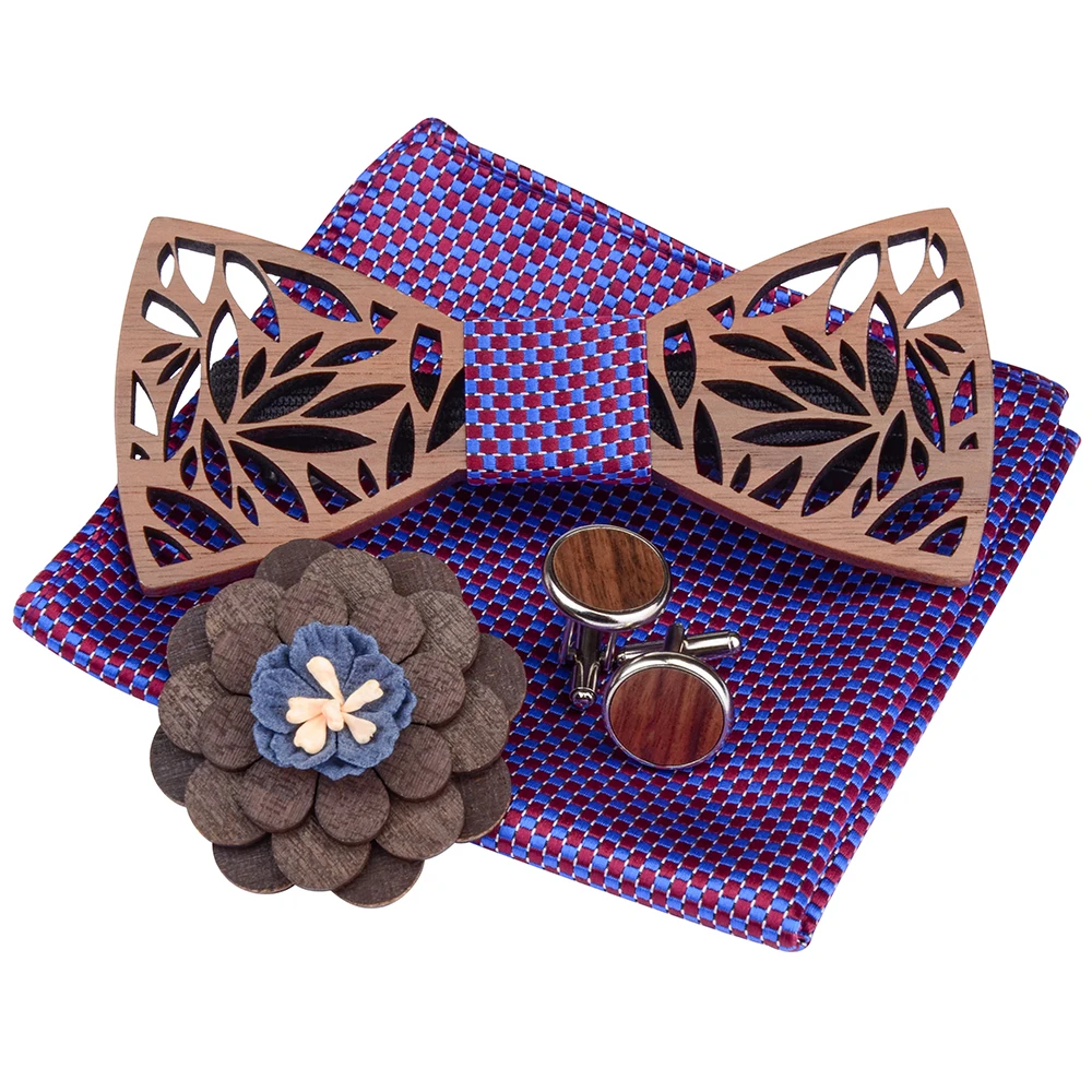 Fashion Paisley Wooden Bow Tie Pocket Squre Set Men's Plaid Bowtie Wood Hollow Carved Cut Out Floral Design And Wood Box Necktie