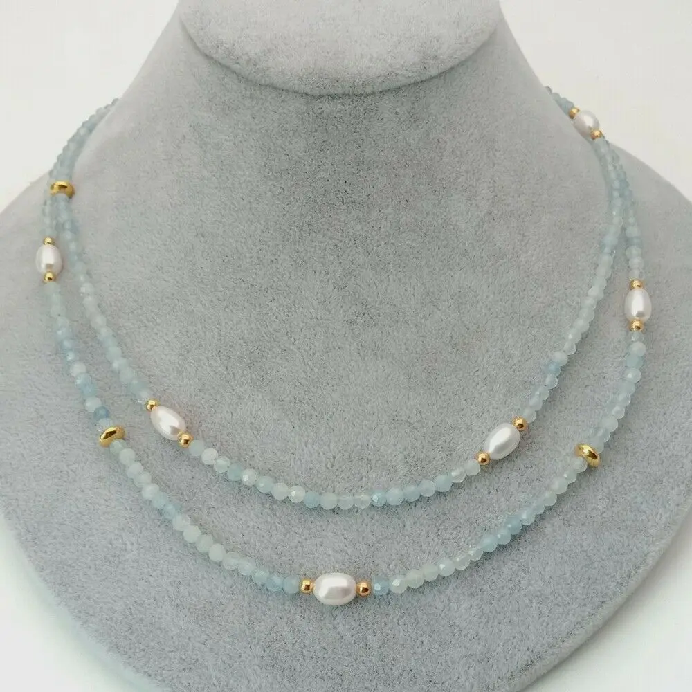 2 rows Natural faceted Aquamarine Cultured white Pearl Necklace 17.5