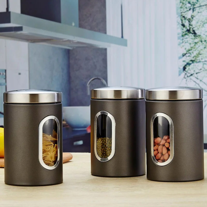 1/3 Buah Toples Penyimpanan Dapur dengan Tutup Alat Penyimpanan Dapur Kaleng Penyimpanan Gula Kopi Teh Toples Pot Kaleng Kontainer Dapur