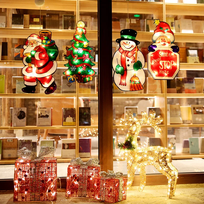 Quarto papai noel led ventosa janela pendurado luzes de natal decorativo atmosfera cena decoração festiva luzes decorativas