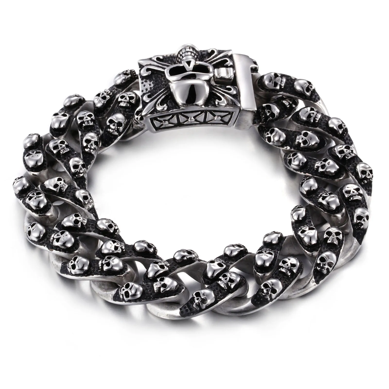 20mm Fashion Male Skeleton Chain Bracelet Stainless Steel Retro Cross Vintage Black All Skull Chain Bracelets Jewelry