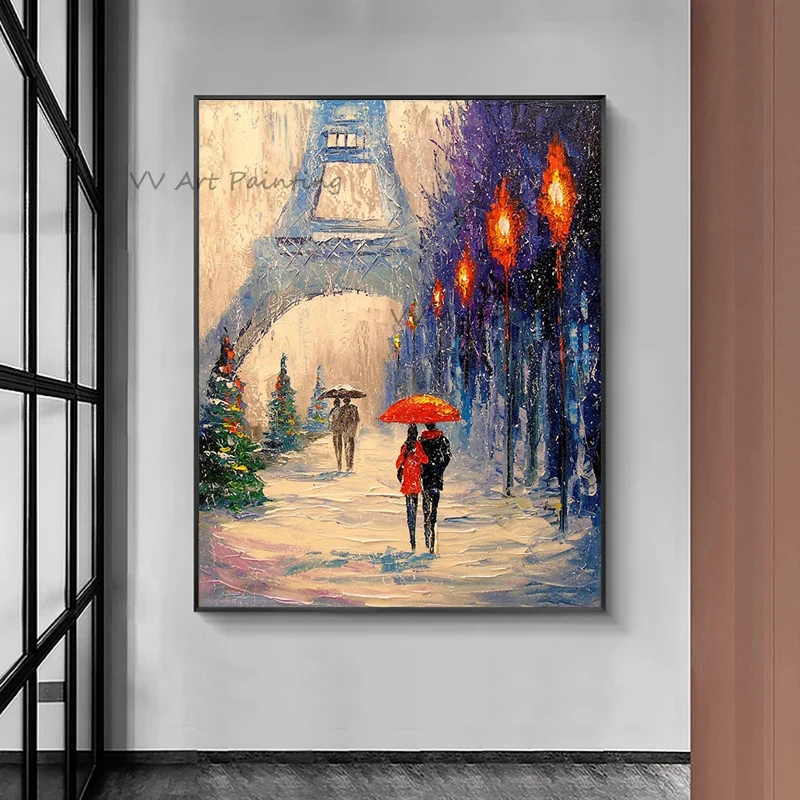 French Scenery Hand Painted Oil Painting on Canvas Abstract Rain City Painting Wall Picture for Living Room Home Decor Art Lover