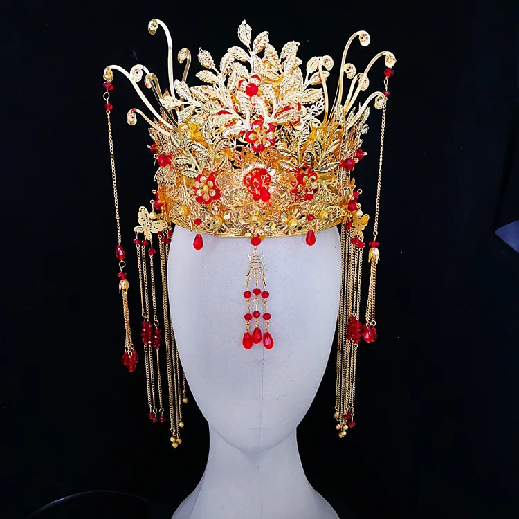 Himstory Vintage Bride Costume Tiara Wedding Show Hairwear Chinese National Red Pear Hair Accessories