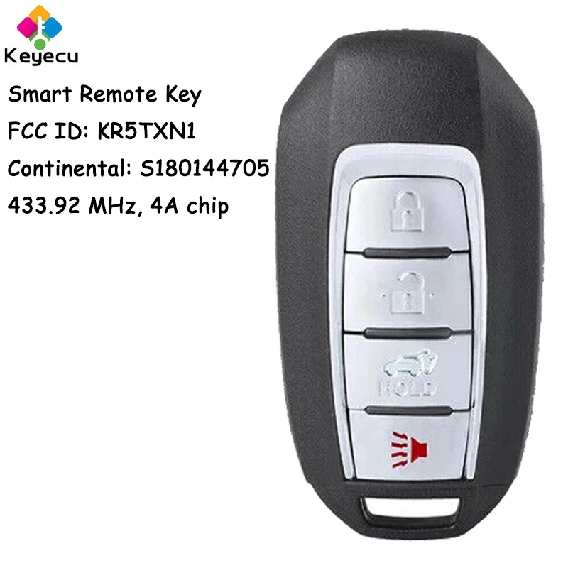 

KEYECU Keyless Go Smart Remote Car Key With 4 Buttons 433.92MHz 4A Chip for Infiniti QX50 QX60 2019 2020 Fob KR5TXN1 S180144705