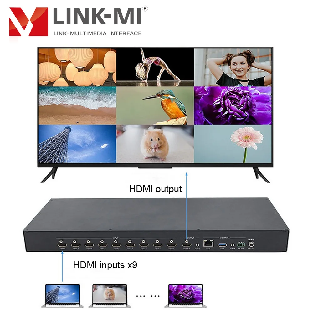 4K 9x1 HDMI Multi-Viewer with Seamless Switcher 9 in 1 out HDMI Switch Support Remote,Button,RS-232 Control 1080P