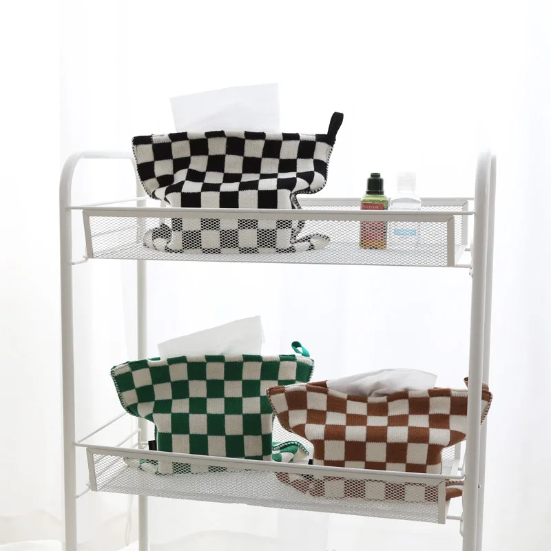 Checkerboard Knitted Tissue Bag Storage Box Nordic Style Living Room Tissue Bag Suction Paper Bag Dining Table Decoration Box