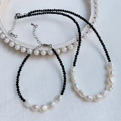 Black Obsidian Stone Choker Necklace for Women 2mm Small Crystal Rock Pendulum White Baroque Pearl Choker Wedding Femme Collier