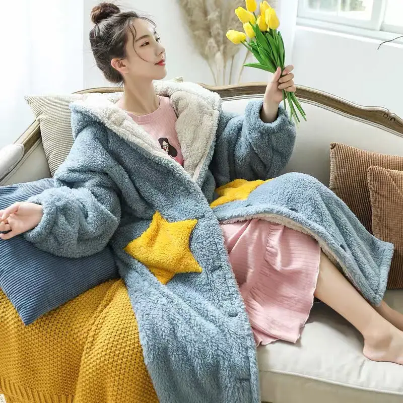 Winter Thick Coral Fleece Sleepwear Robe Winter Women Hooded Nightgown Kimono Bath Gown Loose Flannel Long Nightdress Home Wear