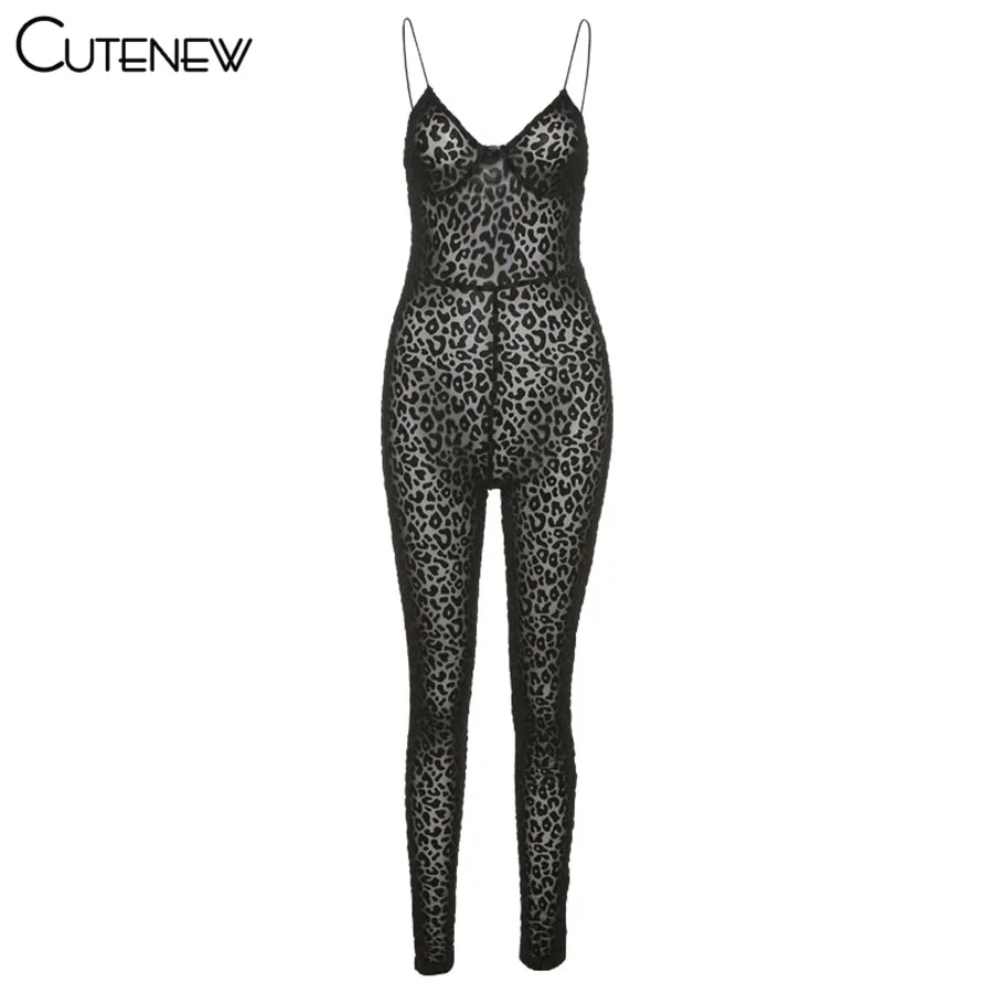 Cutenew Y2K Leopard Print Skinny Casual Strap Jumpsuits Women Fashion Sexy Sleeveless Backless Slim Stretch Lady Party Clubwear