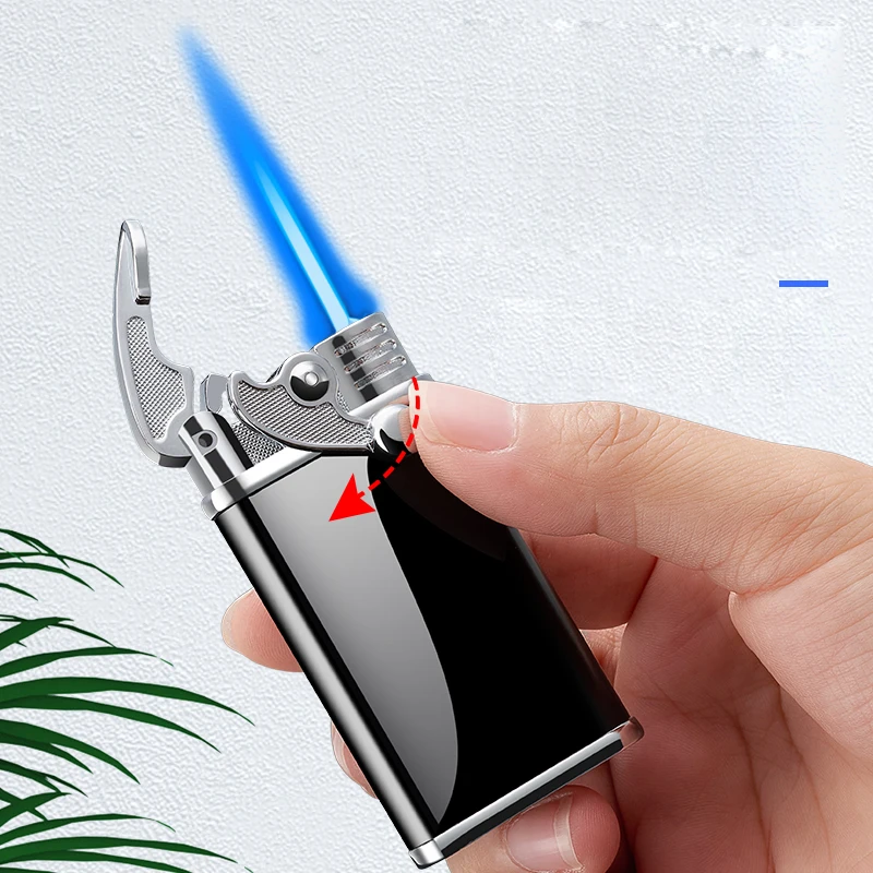 Rocker Arm Butane Lighter without Gas, Creative Electronic, Windproof, Inflatable, Metal, Personality, Blue Flame
