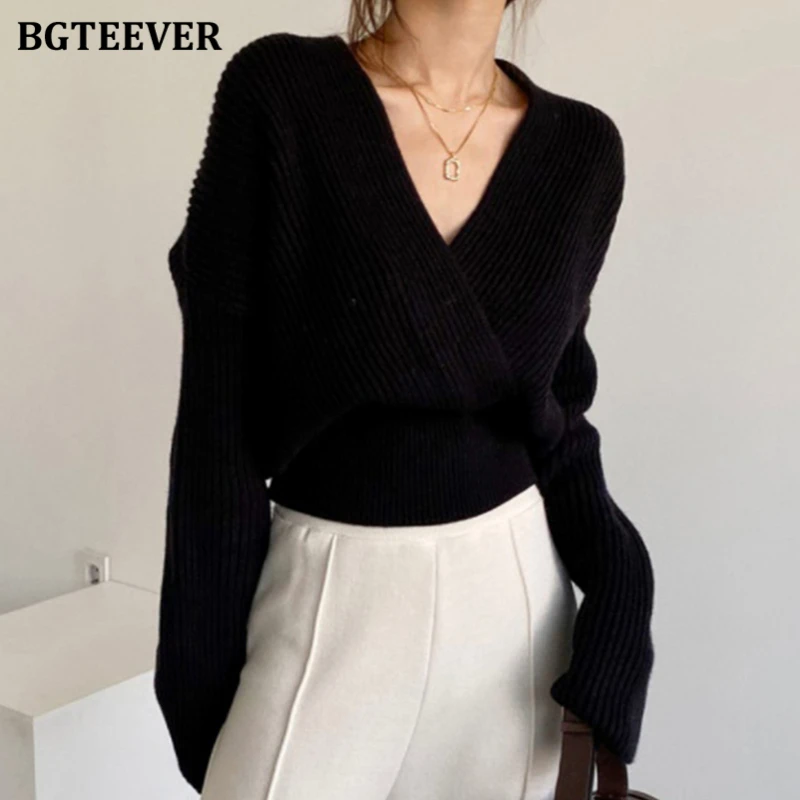 BGTEEVER Stylish V-neck Cross-Criss Women Knitted Pullovers 2020 Elegant Loose Warm Sweater Female Full Sleeve Knitting Tops